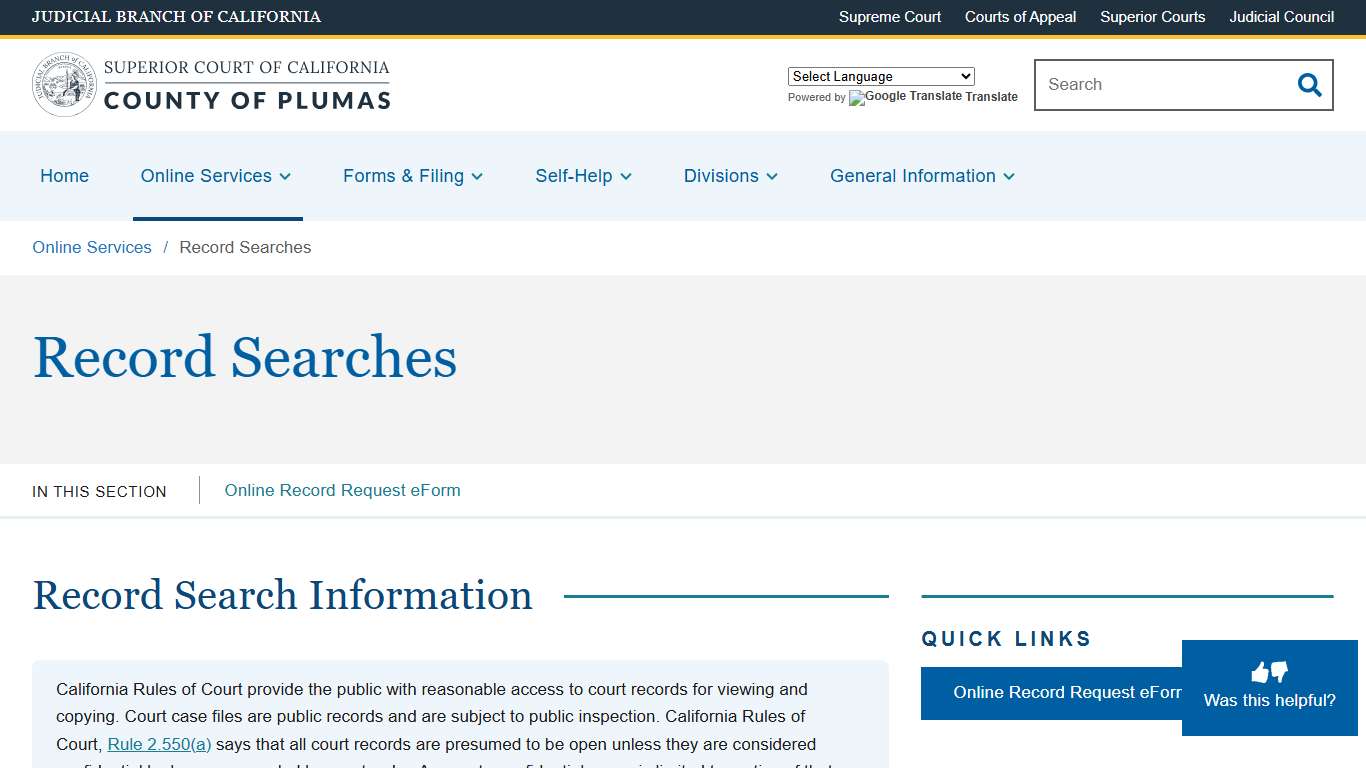 Record Searches Superior Court of California County of Plumas